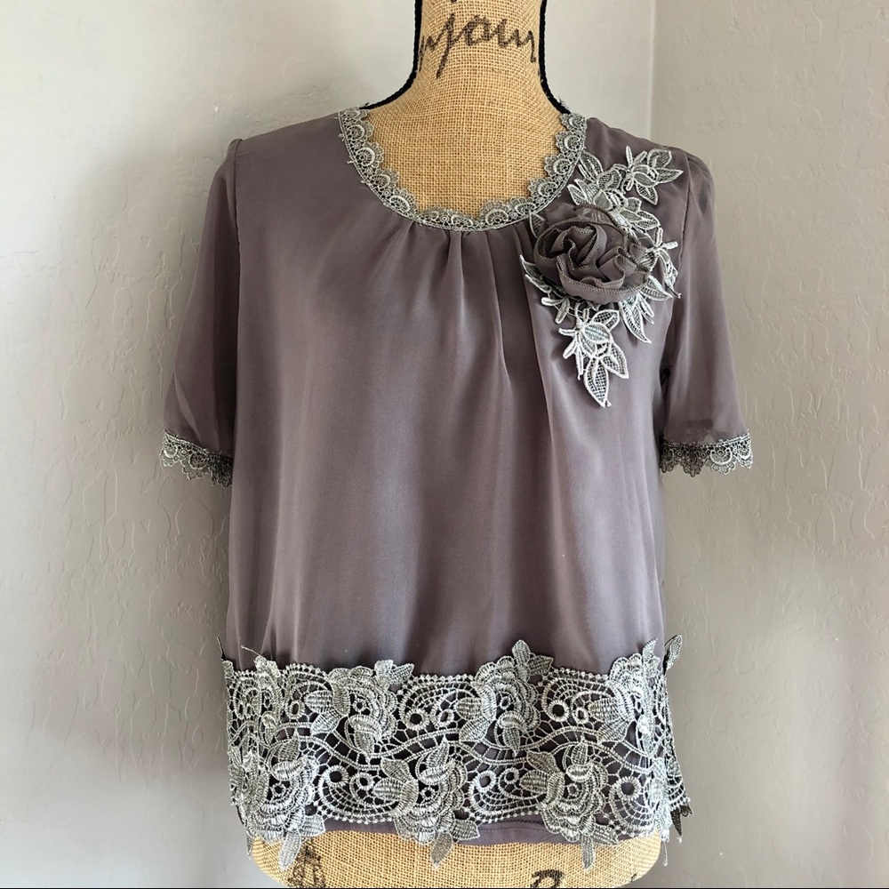 {Pretty Angel} Boho Lace Silk Floral Blouse {S}